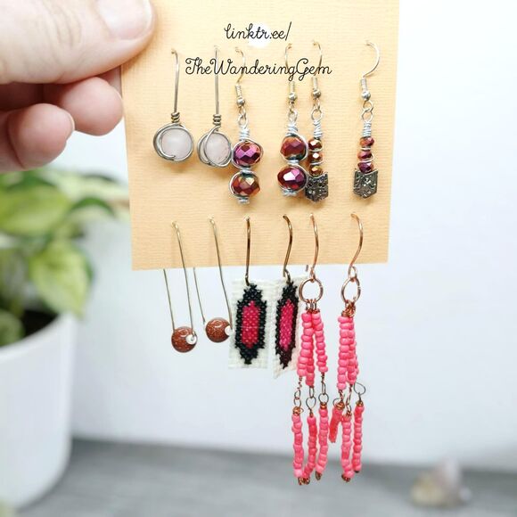 6 Piece Pink Beaded Dangle Earring Set, Gemstone OOAK Fairy Cottage Core - Picture 1 of 4